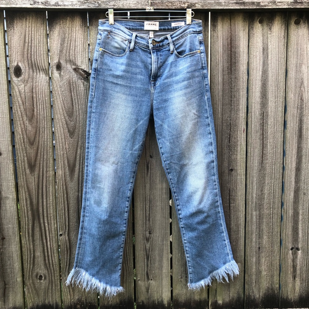 Frame Le High Straight Jeans Step Fray Size 28 Josie Wash Stretch